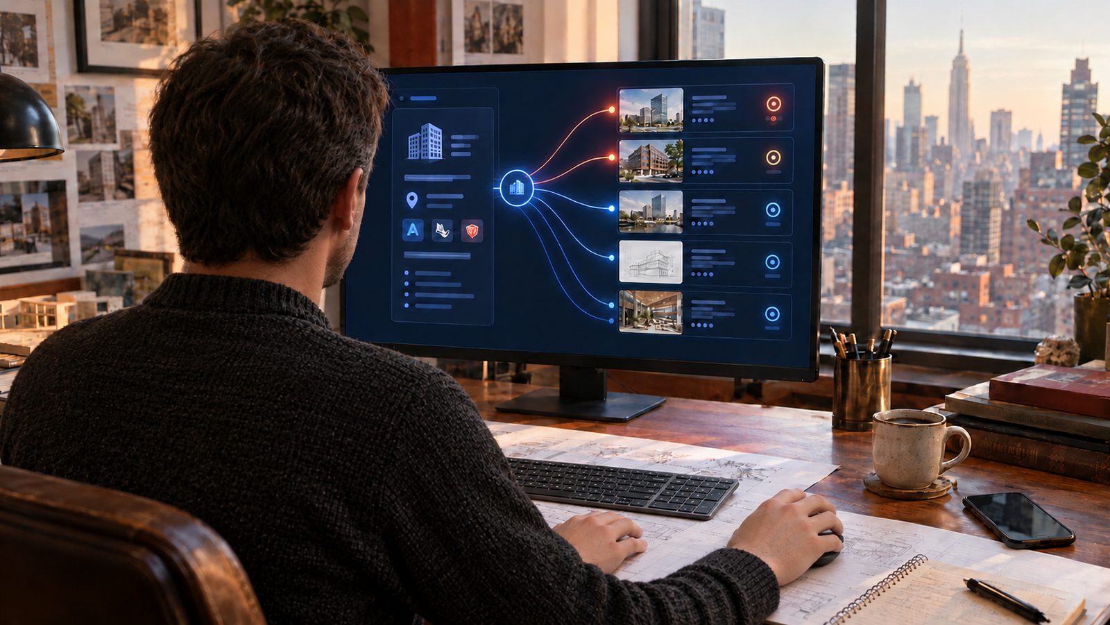 Over-the-shoulder view of a CFA matchmaker at a Manhattan desk reviewing CFA Match Intelligence recommendations on screen, with architectural drawings and a notepad beside the keyboard (illustrative image)